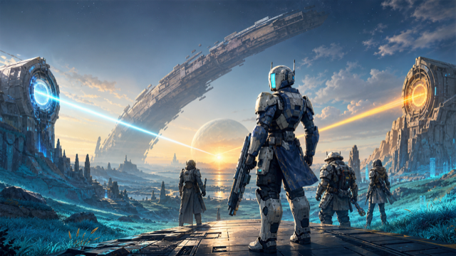 Quatre soldats spatiaux originaux contemplent une vallée extraterrestre, tandis que deux portails bleu et orange convergent vers le même horizon sous une mégastructure brisée. L’univers, les armures et les symboles ont été réinventés pour évoquer le remake et son ouverture multiplateforme sans reproduire Halo, Master Chief ou les identités Xbox et PlayStation.